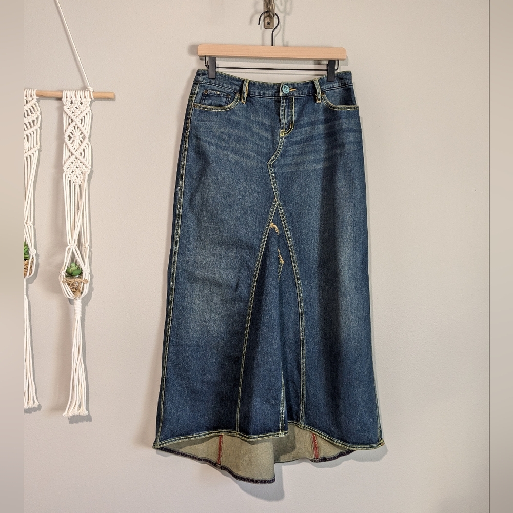 Free People Salvege Vintage Patchwork Hi Low Denim Jean Maxi Skirt 26